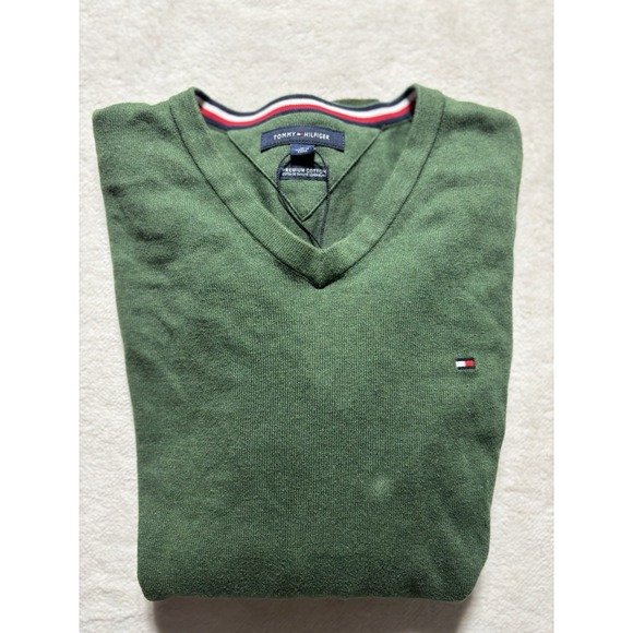 Tommy Hilfiger V Neck Premium Cotton Sweater Solid Green Men's Size Medium - Picture 7 of 7